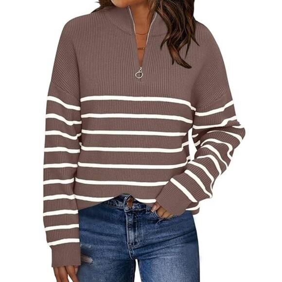 Preppy Striped Ribbed Sweater Sz Large NEW Quarter Zip Tight Knit High Neck Tan - Picture 1 of 11